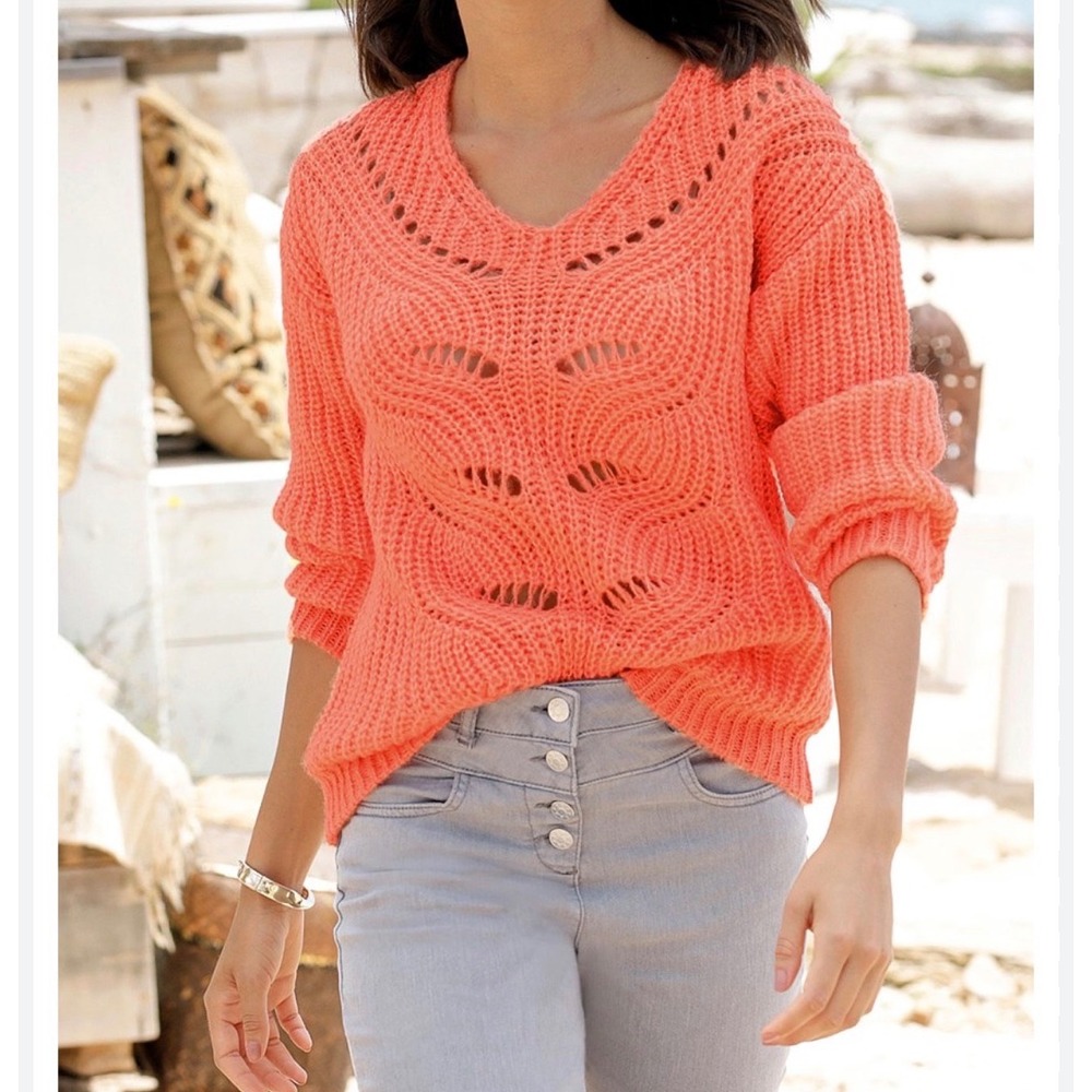 Lascana Orange Open Knit Sweater V Neck‎ Women's Small Cozy
